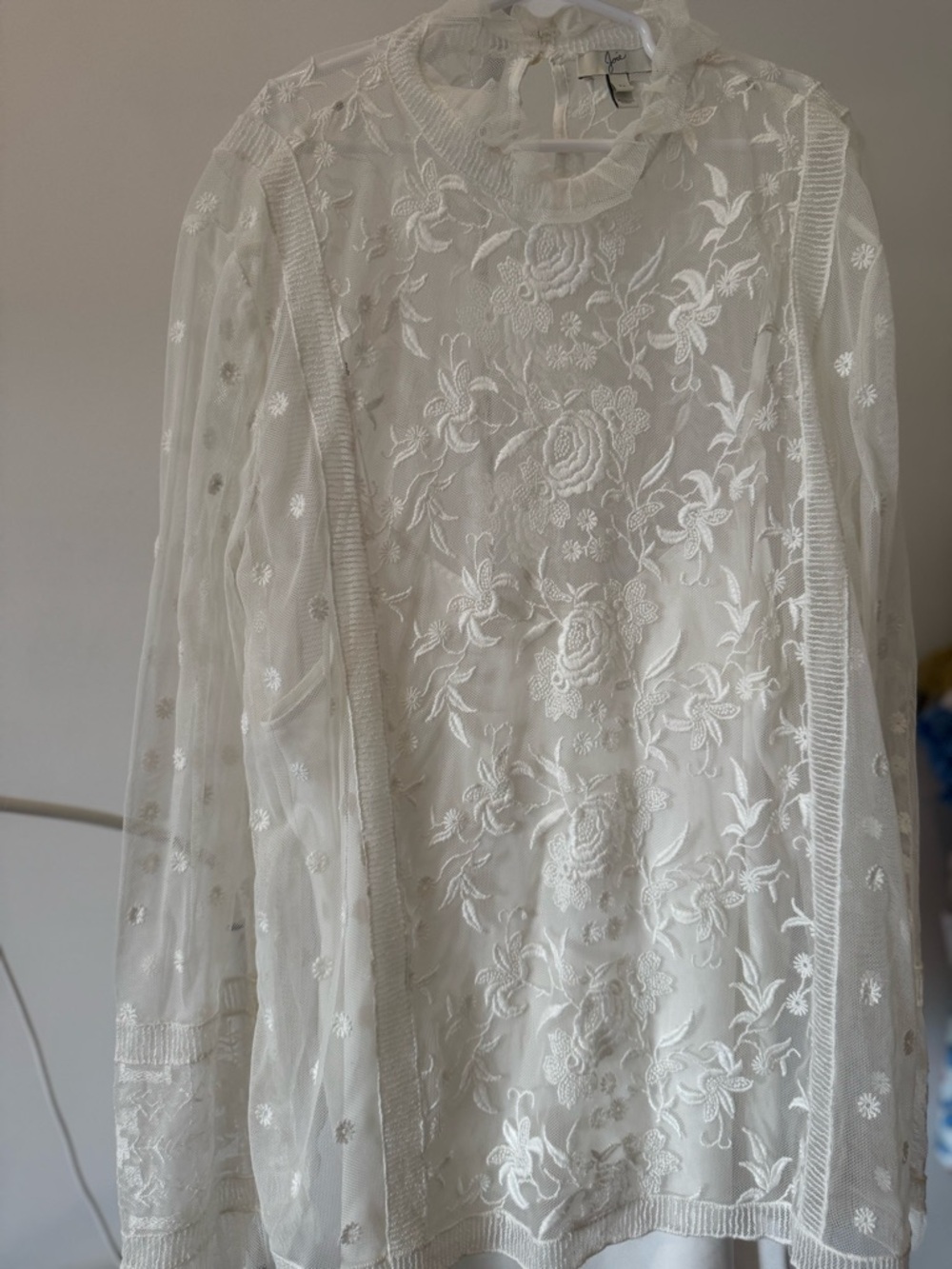 Joie Sheer Floral Embroidered Blouse in Ivory